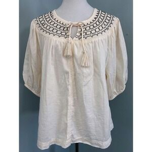 Old‎ Navy Embroidered Peasant Blouse Top Cream Black Women's Size L